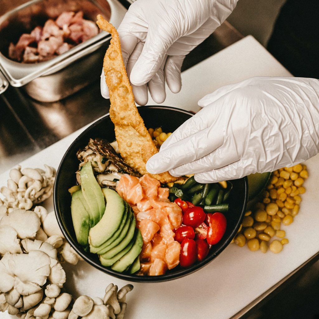 Mãos com luvas brancas descartáveis montando um bowl fresco com salmão, abacate e legumes